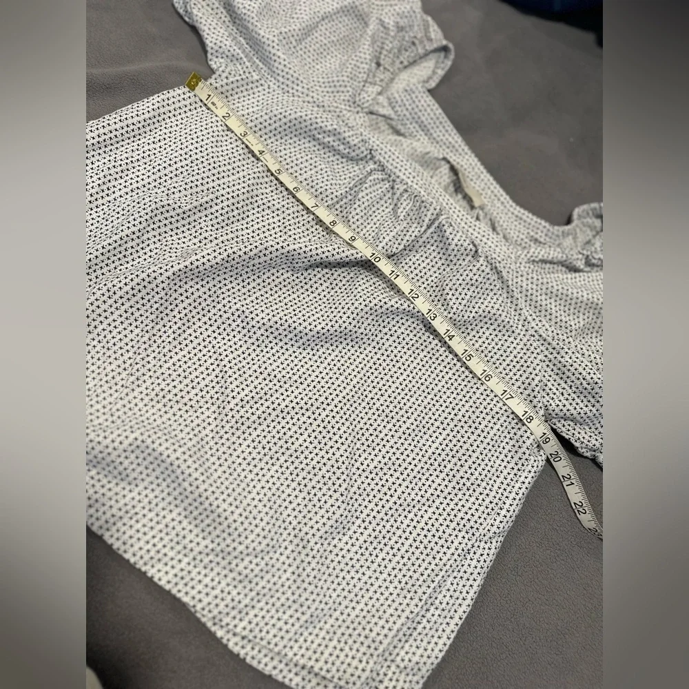 LOFT Sz: L Jacquard Puff Sleeve Square Neck Top Linen Blend Cross Repeat Pattern